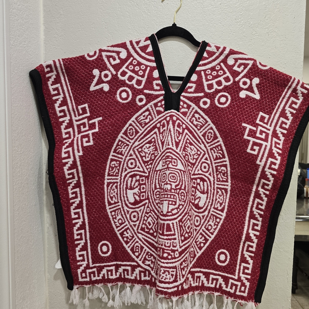 Red and White Aztec Pattern Poncho